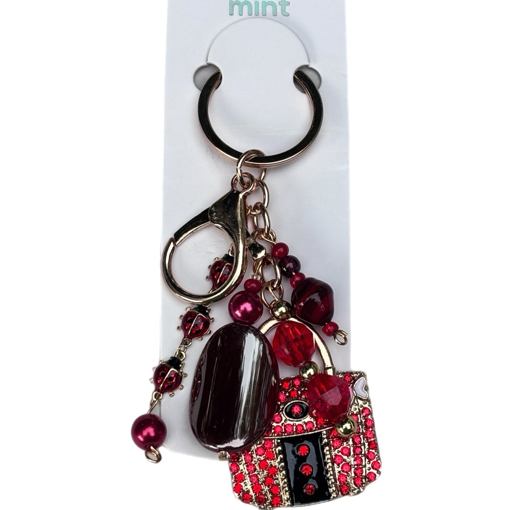 Red and Gold Purse Charm Beaded Keychain Upcycled Handcrafted